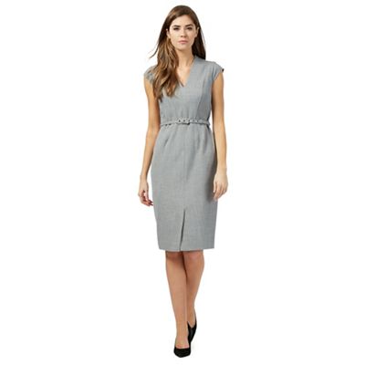 Grey textured belted suit dress